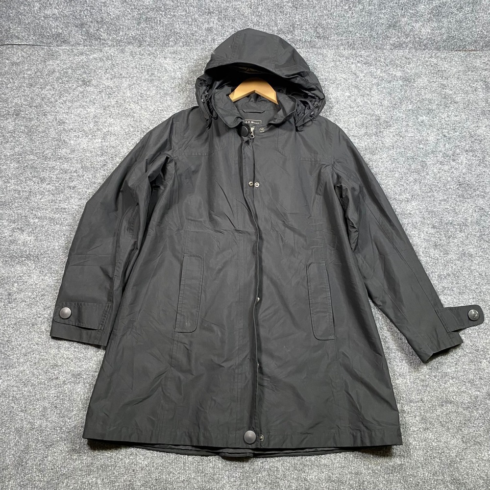 LL Bean H2OFF Rain Jacket Black Hooded Trench Coat Womens XS Petite OJNN1‎